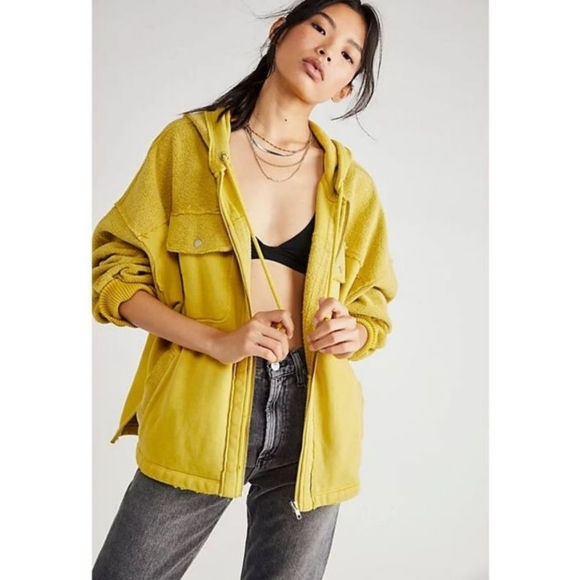 Free People Britney Cardi Hooded Jacket Sweatshirt Zip Front Citron Yellow Green - Picture 5 of 15
